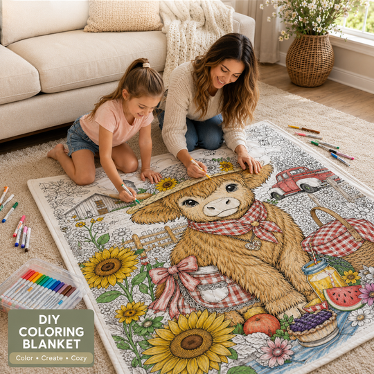 Custom Blanket - For Adults, Kids - DIY Highland Cow Coloring Blanket