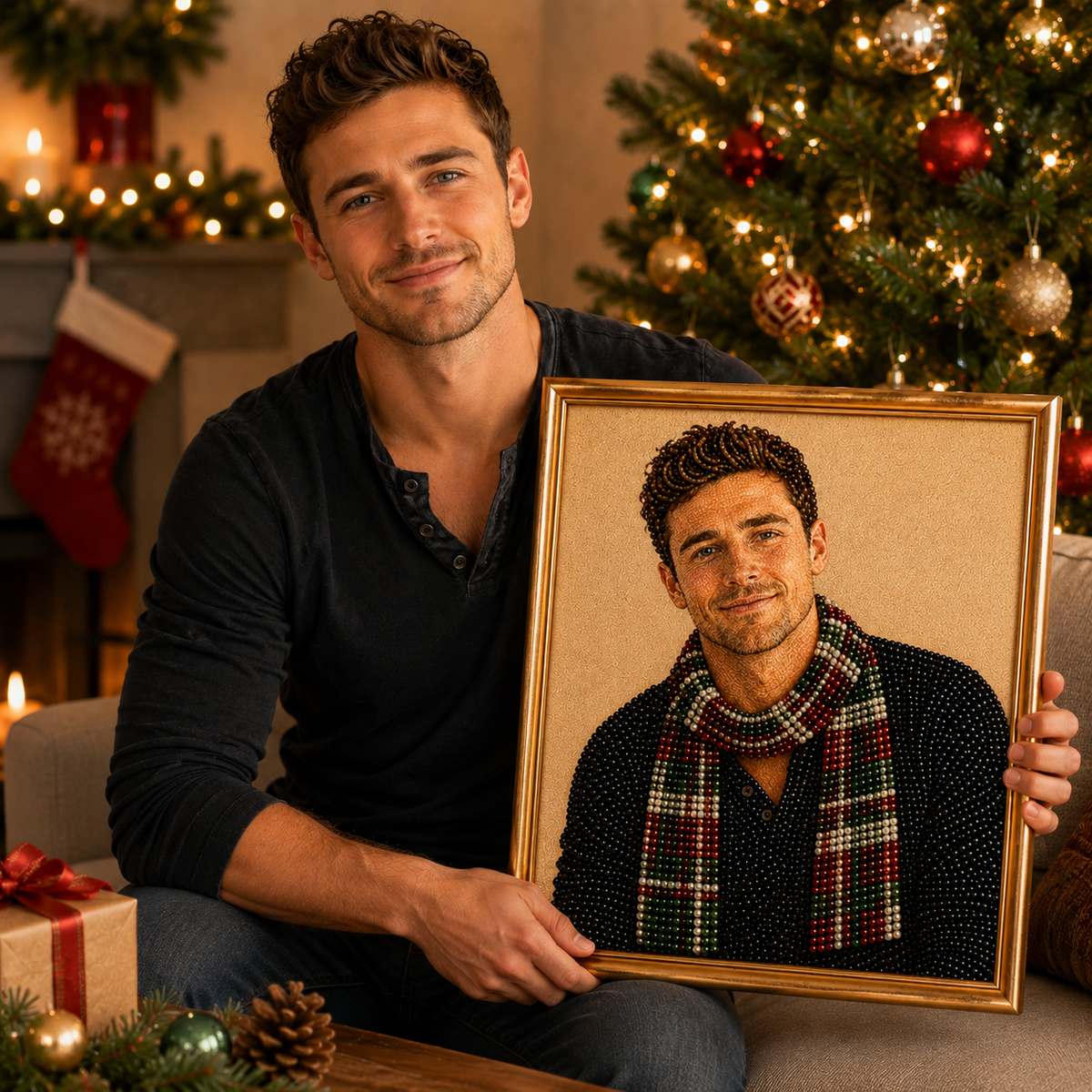 Custom Portrait 3D Pearl Art DIY Kit – Personalized Photo Christmas Pearl Bead Canvas for Holiday Decor & Family Gifts